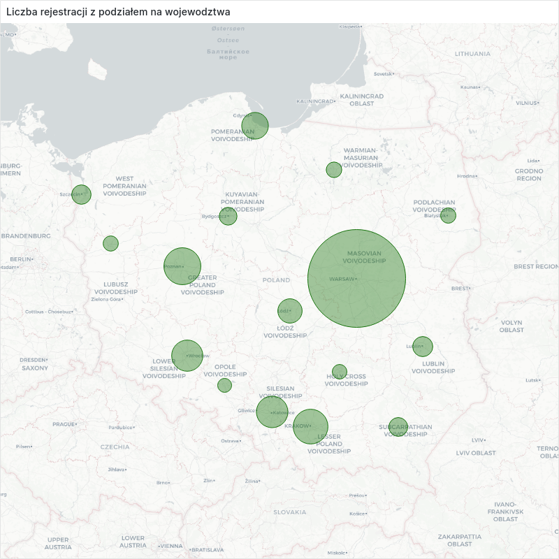 Mapa rejestracji w KRS z uwzględnieniem liczby rejestracji w danym wojewodztwie